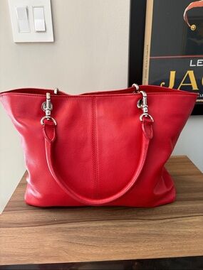 Brooks Brothers Red Leather Tote with Silver Hardware